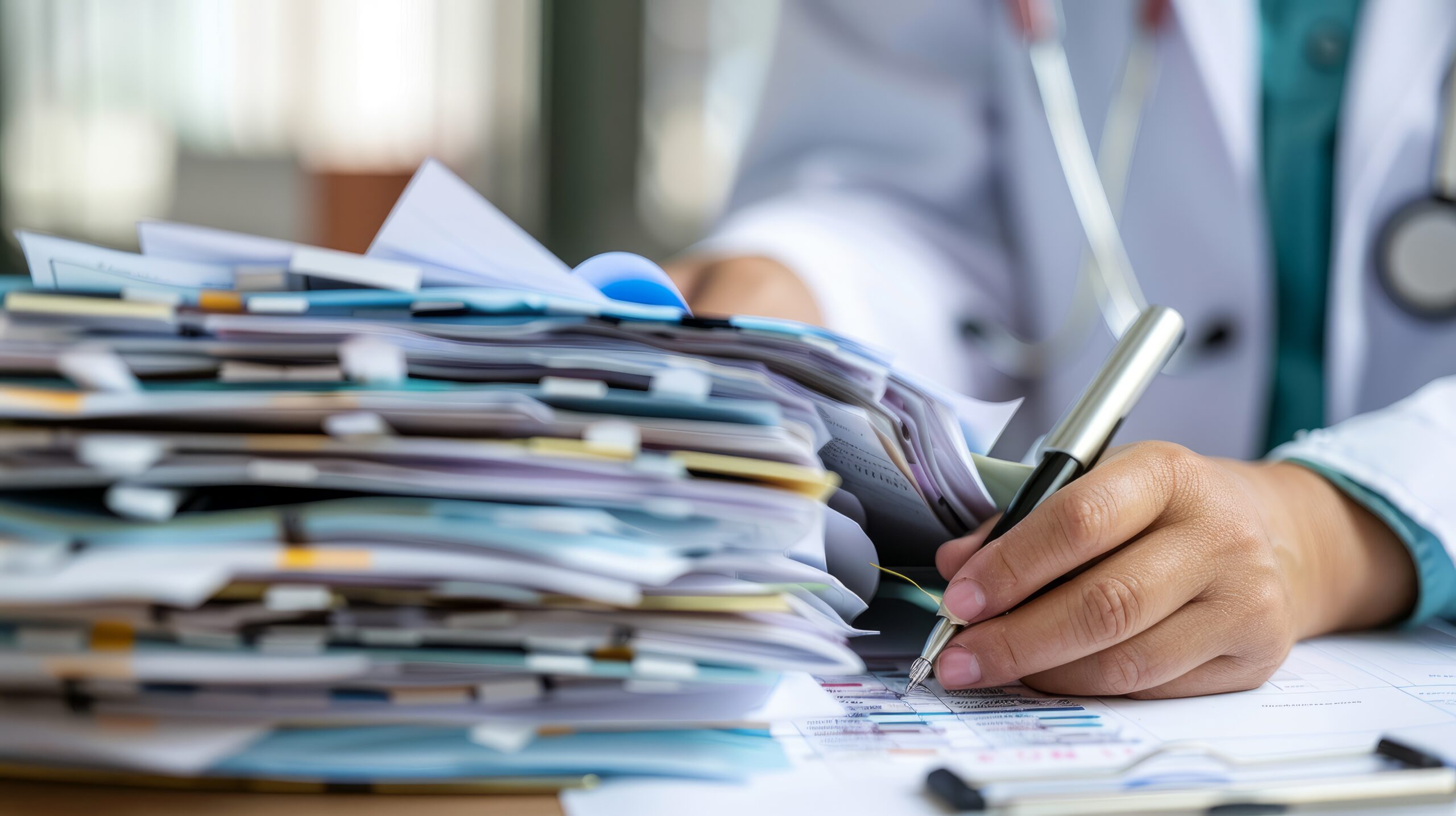 A healthcare professional reviews medical records and documents, with a stack of charts in the foreground and copyspace on the left