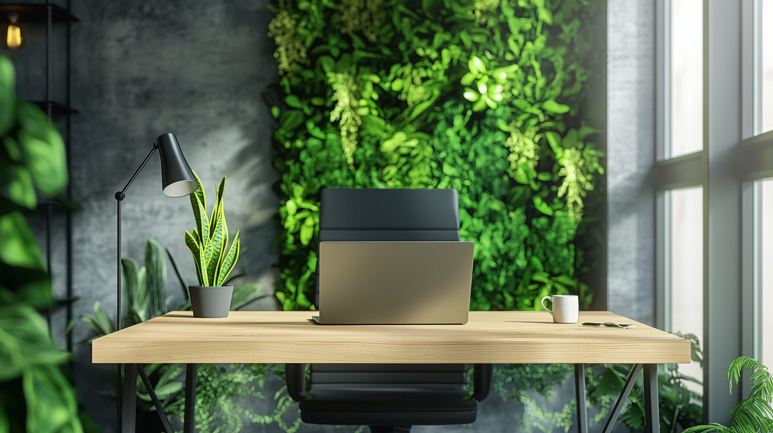 A sustainable home office setup, with ergonomic furniture made from sustainable materials, a solar-powered laptop, and a backdrop of a green wall. 8k