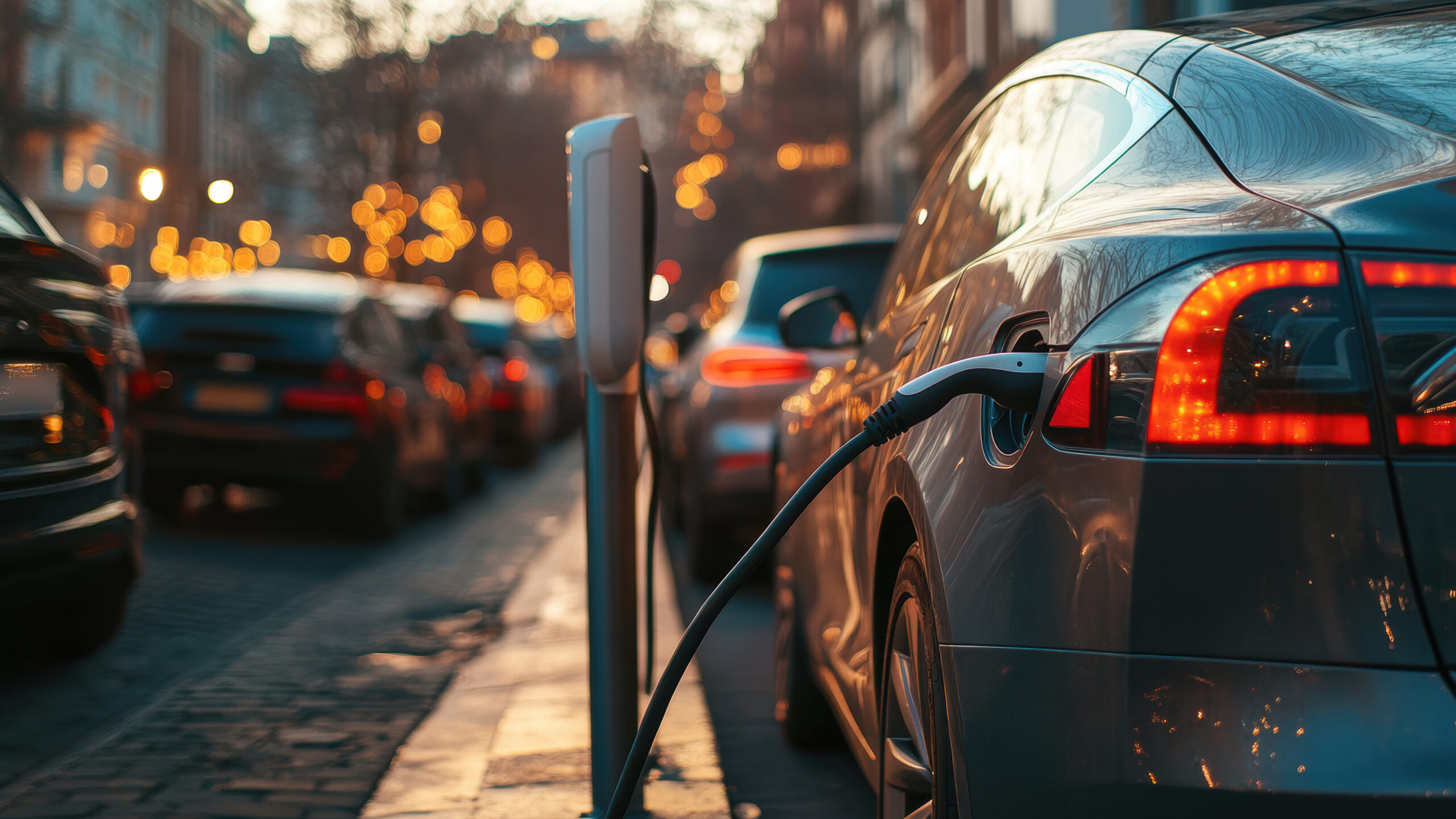 Electric car charging at a charging station on a city street.