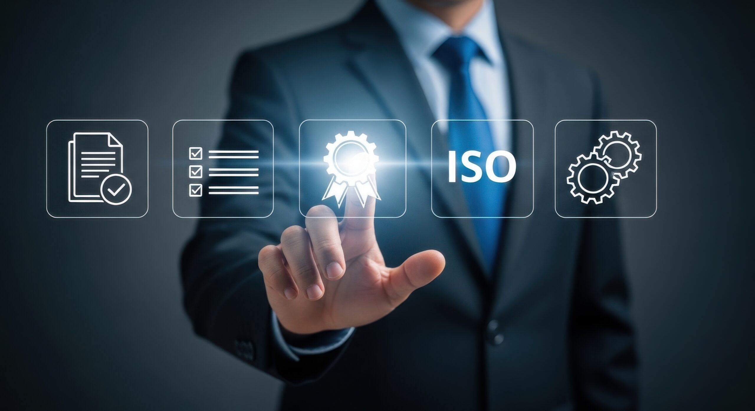 Businessman interacting with iso management system icons